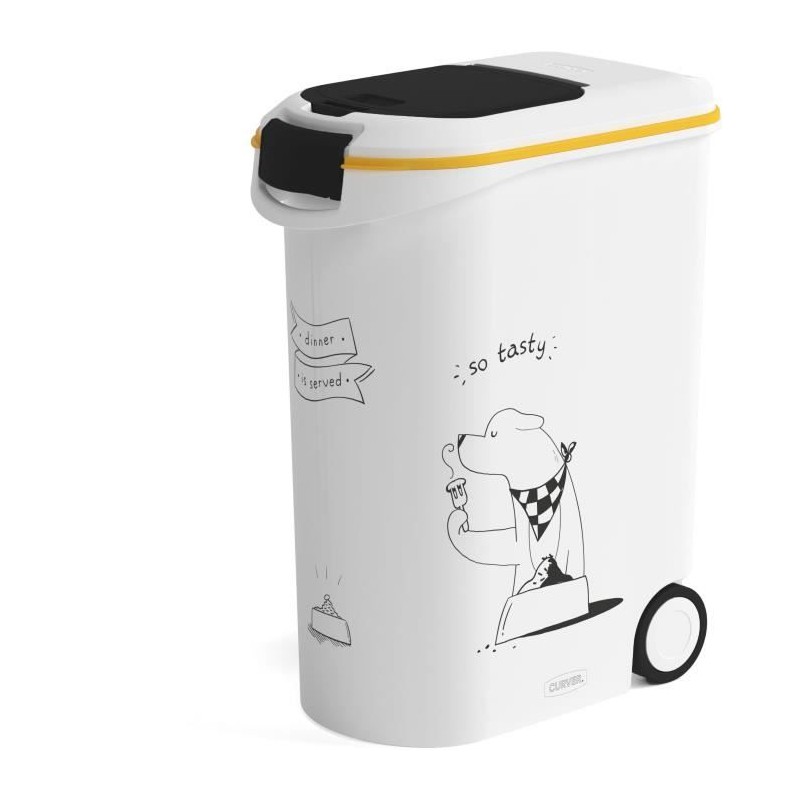 CURVER Conteneur a croquettes pour chien a roulettes 20 kg - 54L - Le diner et servi