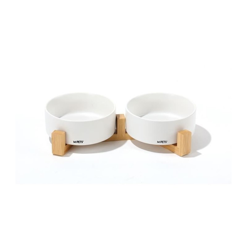 Bols céramique avec support en bambou 2x350 ml - Mpets - OPERA - Blanc