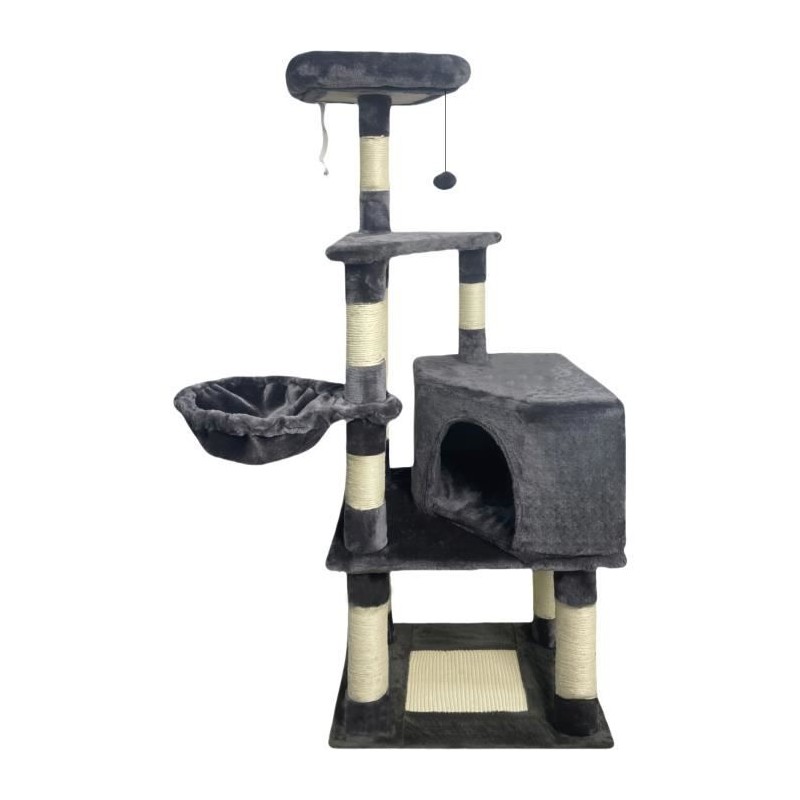 Arbre a chat - 55 x 40 x 138 cm - Gris foncé - 3 plateformes, 1 perchoir, 1 niche, poteaux a griffer