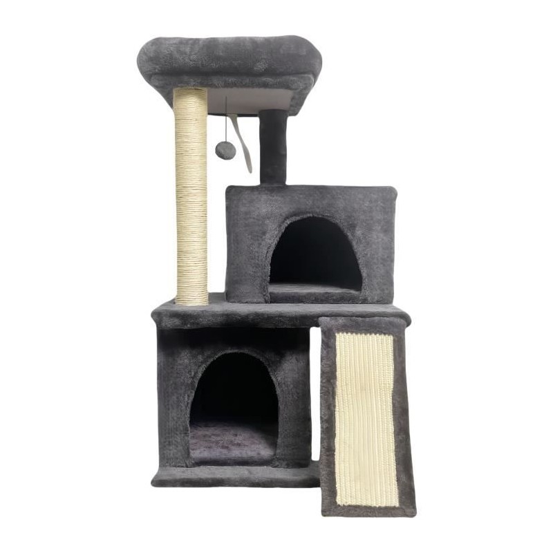 Arbre a chat - 44,5 x 48 x 86 cm - Gris foncé - 1 plateforme, 1 balle de jeu, 2 niches, 1 rampe