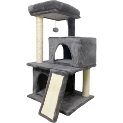 Arbre a chat - 44,5 x 48 x 86 cm - Gris foncé - 1 plateforme, 1 balle de jeu, 2 niches, 1 rampe