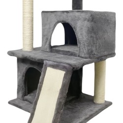 Arbre a chat - 44,5 x 48 x 86 cm - Gris foncé - 1 plateforme, 1 balle de jeu, 2 niches, 1 rampe