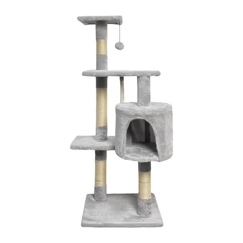 Arbre a chat - 40 x 40 x 110 cm - PALOMA - Gris - 3 plateformes, 1 corde, 1 niche , poteaux a griffer