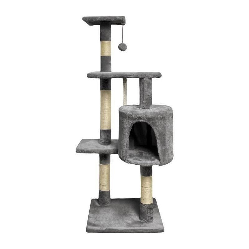 Arbre a chat - 40 x 40 x 110 cm - PALOMA - Gris foncé - 3 plateformes, 1 corde, 1 niche , poteaux a griffer